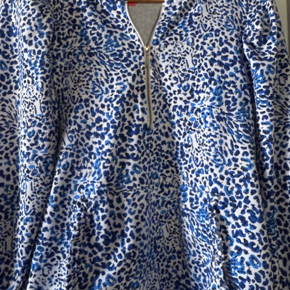 Blue and White Animal Print Zip-Up Top